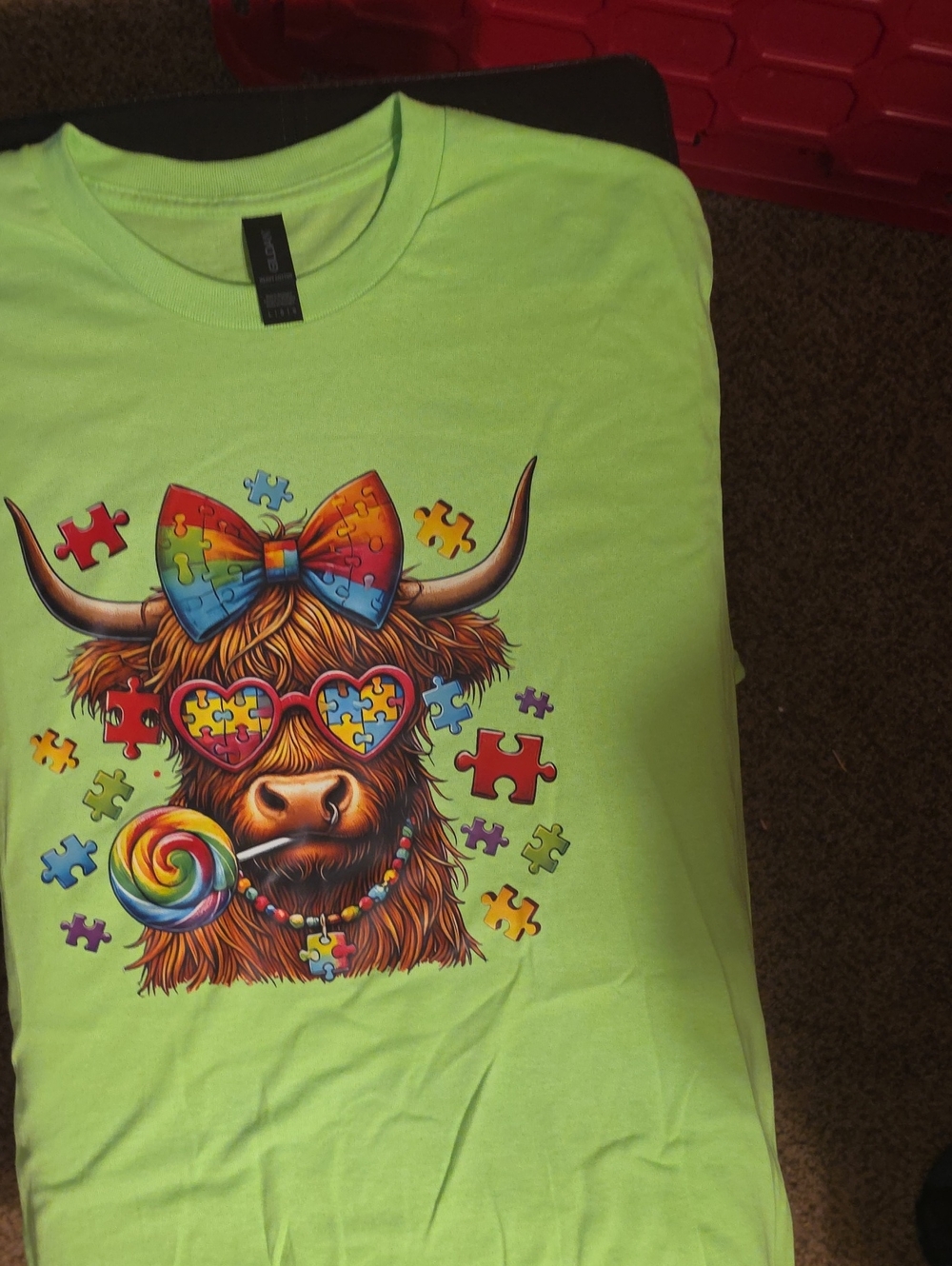 Gildan Lime Green Short Sleeve Tee with Colorful Highland Cow Puzzle Graphic